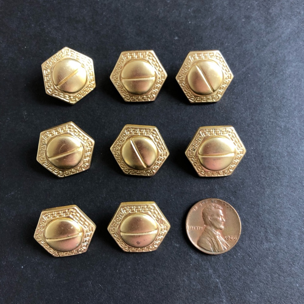 Set of 8 Vintage Gold Tone Hexagonal Shank Carved Buttons